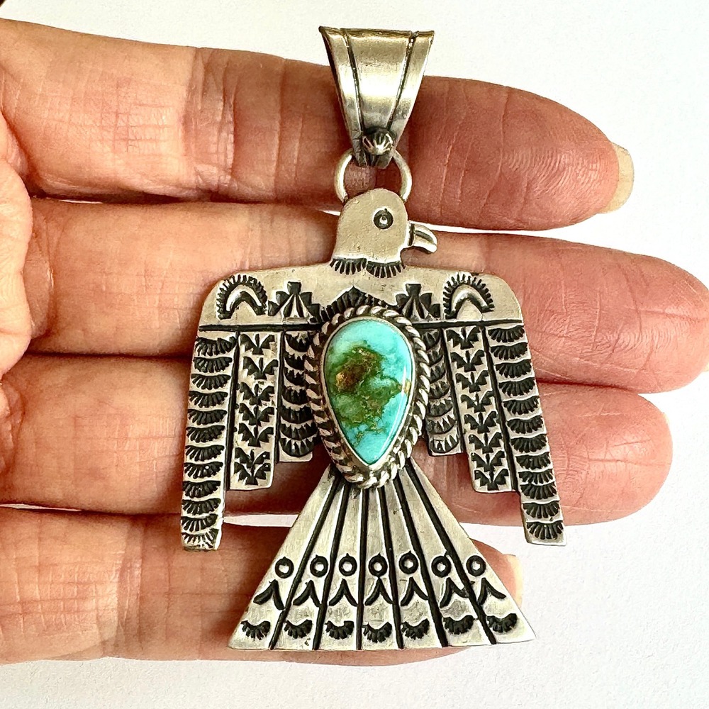 HUGE Navajo Turquoise Thunderbird Ring Sz 8 Stamped Sterling Silver Signed James